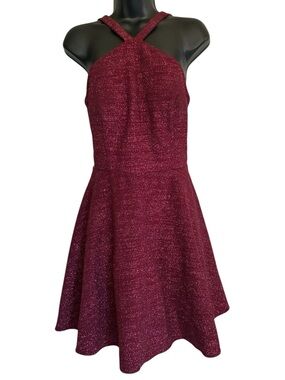NWT Xscape Shimmery Glitter Burgundy Wine Halter Mini Party Dress - Size 10